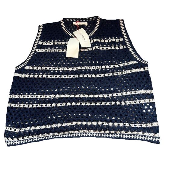 Solitaire Two Pc Open Knit Navy white stripe Crochet Skirt tank set boho NWT Med - Picture 2 of 8